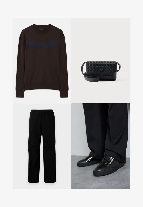 Mørkebrun langærmet sweater med ribbede manchetter og kant, med et marineblåt vinget "RC" logo på brystet og rund halsudskæring.; Sorte fleecebukser med elastisk talje og lige ben. Glat tekstur uden synlige mønstre eller hardware.; Sorte lædersneakers med blanke accenter, teksturerede snørebånd og lynlåsdetalje; parret med mørke, løse bukser på et gråt gulv.; Sort tekstureret crossbodytaske med klaplukning og et lille metallogo foran, vist mod en ensfarvet baggrund.