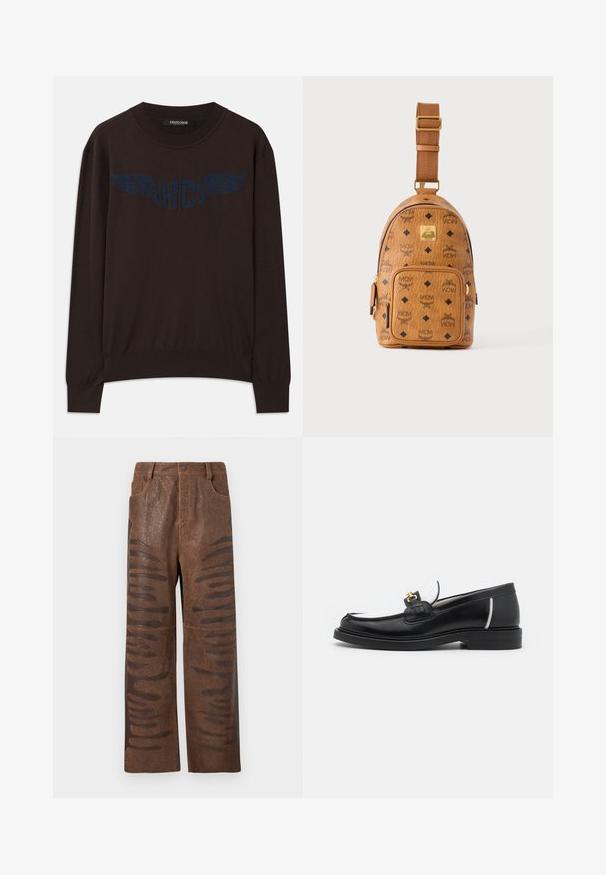 Dunkelbrauner Langarmpullover mit gerippten Bündchen und Saum, mit einem navyblauen geflügelten "RC"-Logo auf der Brust und einem runden Halsausschnitt.; Braune Kunstlederhosen mit strukturiertem Finish, die längliche horizontale Ausschnitte an den Seiten und ein gerades Bein-Design aufweisen.; Schwarze Lederloafers mit runder Zehenpartie, weißen Akzenten und goldenen Beschlägen auf dem Vorderblatt. Verfügt über ein strukturiertes Patch und einen gestapelten Absatz.; Kleine hellbraune Leder-Crossbody-Tasche mit verstellbarem Riemen, Frontreißverschlusstasche und sich wiederholendem schwarzem MCM-Logo-Muster.