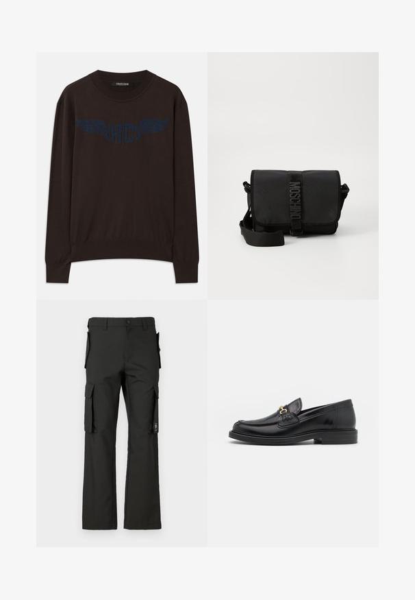 Mørkebrun langærmet sweater med ribbede manchetter og kant, med et marineblåt vinget "RC" logo på brystet og rund halsudskæring.; Sorte cargobukser med lige ben-design, der har flere sidelommer og en knappelukning. Fremstillet af slidstærkt stof med en glat tekstur.; Sorte læder loafers med en rund tå, der har guld hardware accent og syningsdetaljer, placeret på en lav, tekstureret gummisål.; Sort nylon crossbody taske med en klap, prydet med en fremtrædende logo-rem lukning, justerbar rem og sidelægninger.