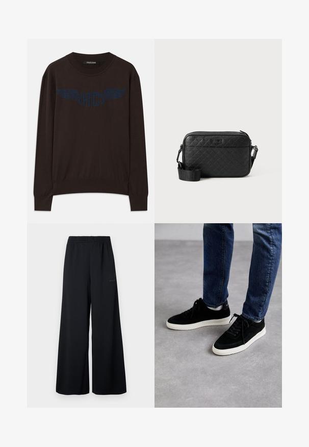 Mørkebrun langærmet sweater med ribbede manchetter og kant, med et marineblåt vinget "RC" logo på brystet og rund halsudskæring.; Sorte vidde bukser lavet af tekstureret mesh-stof. Har en elastisk talje og et diskret logo-print på siden.; Sorte ruskind sneakers med en hvid gummisål, der har et klassisk low-top design, rundt tå og flade sorte snørebånd.; Sort tekstureret crossover-taske med prægede geometriske mønstre og justerbar rem med brandlogo.