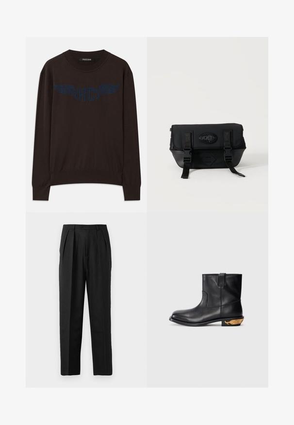 Mørkebrun langærmet sweater med ribbede manchetter og kant, med et marineblåt vinget "RC" logo på brystet og rund halsudskæring.; Sorte plisserede bukser med et skrædderlavet design, fremstillet af glat stof, med knaplukning og lige ben.; Sort læder ankelstøvle med en glat overflade, rund tå og et guldfarvet hvalmotiv på hælen. Minimalistisk design.; Sort Moschino crossbody-taske med forreste klap, to spænstropper og logoemblem på en ensartet lys baggrund.