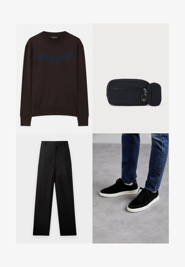 Mørkebrun langærmet sweater med ribbede manchetter og kant, med et marineblåt vinget "RC" logo på brystet og rund halsudskæring.; Sorte bukser lavet af bomuld med lige ben-design, der har en frontknaplukning og sidelommer. Glat tekstur, ingen mønstre.; Sorte ruskind sneakers med en hvid gummisål, der har et klassisk low-top design, rundt tå og flade sorte snørebånd.; Sort rektangulær pung med frontlynlås og lille tilknyttet rundet pung mod en ensartet lys baggrund.