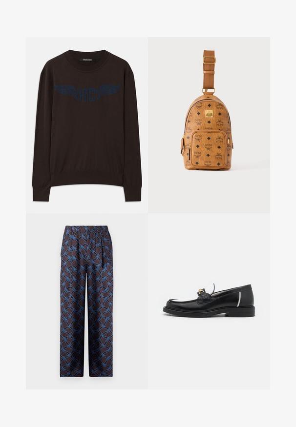 Mørkebrun langærmet sweater med ribbede manchetter og kant, med et marineblåt vinget "RC" logo på brystet og rund halsudskæring.; Bredde bukser i mørkt stof med et vævet blåt mønster. Elastisk talje sikrer komfort. Glat tekstur med geometriske accenter.; Sort læder loafers med rund tå, hvide detaljer og guldbelagte metaldele på vamps. Har et struktureret patch og stablet hæl.; Lille tan farvet læder crossbody taske med justerbar rem, front lynlåslomme og gentagende sort MCM-logo mønster.