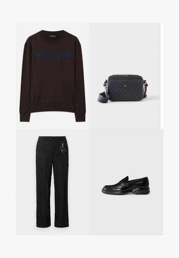 Suéter de manga larga marrón oscuro con puños y dobladillo acanalados, que presenta un logo "RC" alado en azul marino en el pecho y un cuello redondo.; Pantalones negros de pierna ancha, texturizados, con un acabado suave y costuras visibles; incluye una etiqueta unida por un lazo de metal plateado.; Mocasines de piel negra con una suela de goma texturizada y baja, y un diseño de costura en la parte superior. Presenta una punta redondeada y mínimas ornamentaciones.; Bolso bandolera rectangular de color azul oscuro con correa ajustable, cierre de cremallera y un sutil patrón de logo en el panel frontal.