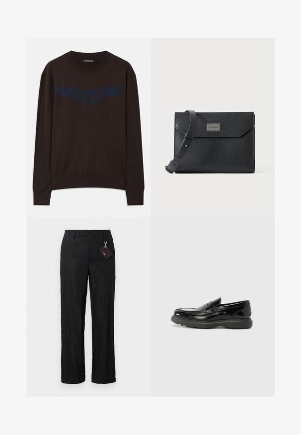 Mørkebrun langærmet sweater med ribbede manchetter og kant, med et marineblåt vinget "RC" logo på brystet og rund halsudskæring.; Sorte, teksturerede bukser med vide ben, glat overflade og synlige sømme; inkluderer et mærke fastgjort med en sølvhardware løkke.; Sort læderloafer med en blank finish, rund tå, subtile syninger og en tyk gummisål for holdbarhed.; Sort struktureret læder crossbody taske med justerbar rem og metal logo plade foran, rektangulært konvolutlåg.