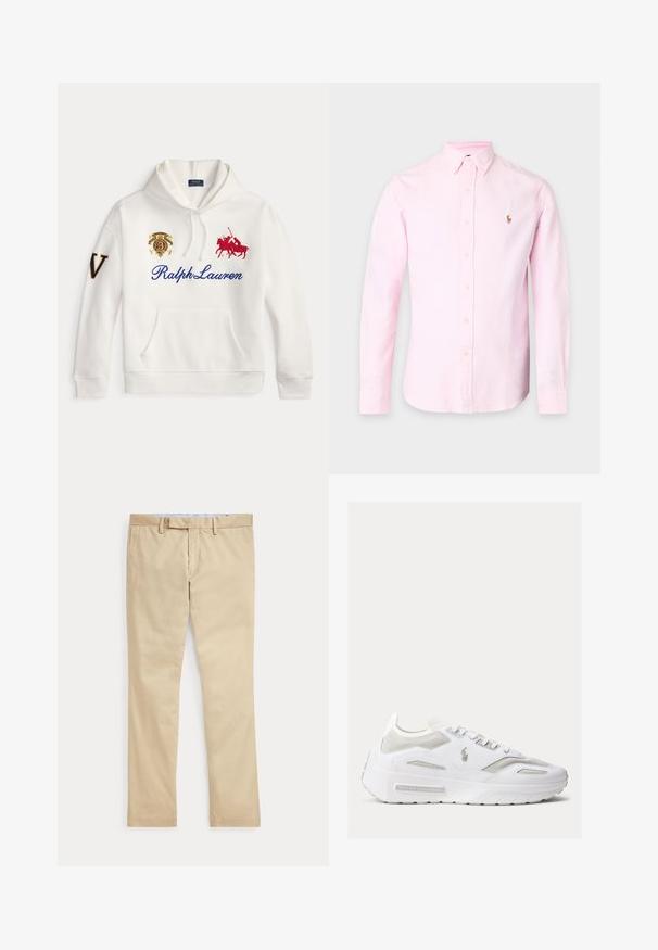 Λευκό φούτερ με το κείμενο Ralph Lauren σε μπλε, κεντημένο κόκκινο λογότυπο παίκτη πόλο, έμβλημα στο στήθος και μεγάλο γράμμα V στο αριστερό μανίκι.; Ροζ ανοιχτόπουκα μακρυμάνικο πουκάμισο με κουμπιά, γιακά με κουμπί και μικρό κεντημένο λογότυπο στο αριστερό στήθος.; Μπεζ παντελόνι με ίσια γραμμή, θηλιές για ζώνη και φερμουάρ μπροστά, τοποθετημένο επίπεδα σε λευκό φόντο.; Λευκό sneaker χαμηλού τύπου με πλέγμα σε πάνελ, κορδόνια και λογότυπο Ralph Lauren στο πλάι και στη σόλα, φαίνεται από την εξωτερική πλευρά.
