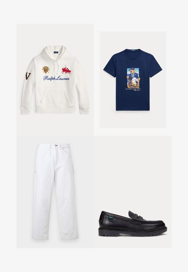 Λευκό φούτερ με το κείμενο Ralph Lauren σε μπλε, κεντημένο κόκκινο λογότυπο παίκτη πόλο, έμβλημα στο στήθος και μεγάλο γράμμα V στο αριστερό μανίκι.; Μπλε μπλούζα με γραφικό αρκούδας ντυμένης με ριγέ σακάκι, λευκό παντελόνι και καπέλο, καθισμένη σε καρέκλα σε κατάστρωμα σκάφους.; Λευκό παντελόνι με ψηλή μέση και ίσια γραμμή, με θηλιές για ζώνη, εμπρόσθιες τσέπες, κούμπωμα με κουμπιά και πλαϊνή τσέπη χρηστικότητας σε απλό φόντο.; Μαύρο δερμάτινο μοκασίνι με παχύ, τραχωτό πέλμα και μικρό πράσινο ετικέτα "Polo" στο εξωτερικό μέρος κοντά στη φτέρνα.