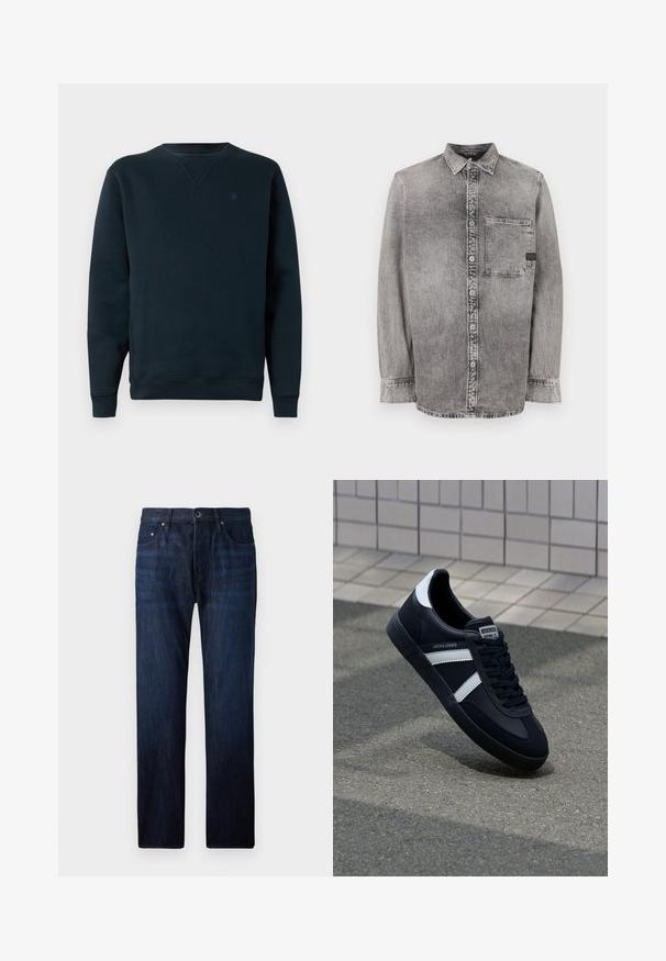 Marineblauer Rundhals-Pullover aus weichem Stoff, mit gerippten Bündchen und Saum, versehen mit einem kleinen Logo auf der Brust. Schlichtes, minimalistisches Design.; Graues Denim-Hemd mit Knopfleiste, langen Ärmeln, mittlerem Stoffgewicht, einer Brusttasche, abgedunkeltem Finish mit kontrastierenden Knöpfen, klassischem Kragen.; Dunkelblaue Denim-Jeans mit geradem Bein, ausgestattet mit fünf Taschen, einem Vorderknopfverschluss und subtilen Ausbleichungen in der Kniegegend.; Schwarze Leder-Sneaker mit weißen Streifen, strukturiertem Gummisohle und Schnürung. Verfügt über ein Markenetikett auf der Zunge.