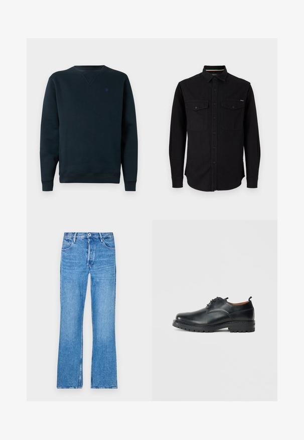 Marineblauer Rundhals-Pullover aus weichem Stoff, mit gerippten Bündchen und Saum, versehen mit einem kleinen Logo auf der Brust. Schlichtes, minimalistisches Design.; Replay SHIRT - Hemd - black; Blaue, gerade geschnittene Jeans aus Denim mit einem verfärbten Waschlook. Mit Knopfverschluss, Gürtelschlaufen und dem klassischen Fünf-Taschen-Design.; Schwarze Leder Derby-Schuhe mit glatter Textur, runder Zehenform, Schnürdesign und einer dicken, robusten Gummisohle.