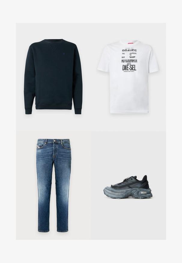 Marineblauer Rundhals-Pullover aus weichem Stoff, mit gerippten Bündchen und Saum, versehen mit einem kleinen Logo auf der Brust. Schlichtes, minimalistisches Design.; Weißes Baumwoll-T-Shirt mit fetter schwarzer Typografie und den Worten "BRAVES" und "DIE-SEL INDUSTRY" sowie einem halbtransparenten Cutout-Design.; Blaue Jeans aus Denim mit geradem Schnitt, ausgestattet mit einem klassischen Fünf-Taschen-Design, leichter Ausbleichung und einem Knopfverschluss an der Taille.; Schwarz- und graue Diesel-Sneaker mit dicker Sohle, Schnürverschluss und strukturiertem Design auf einem schlichten hellgrauen Hintergrund.