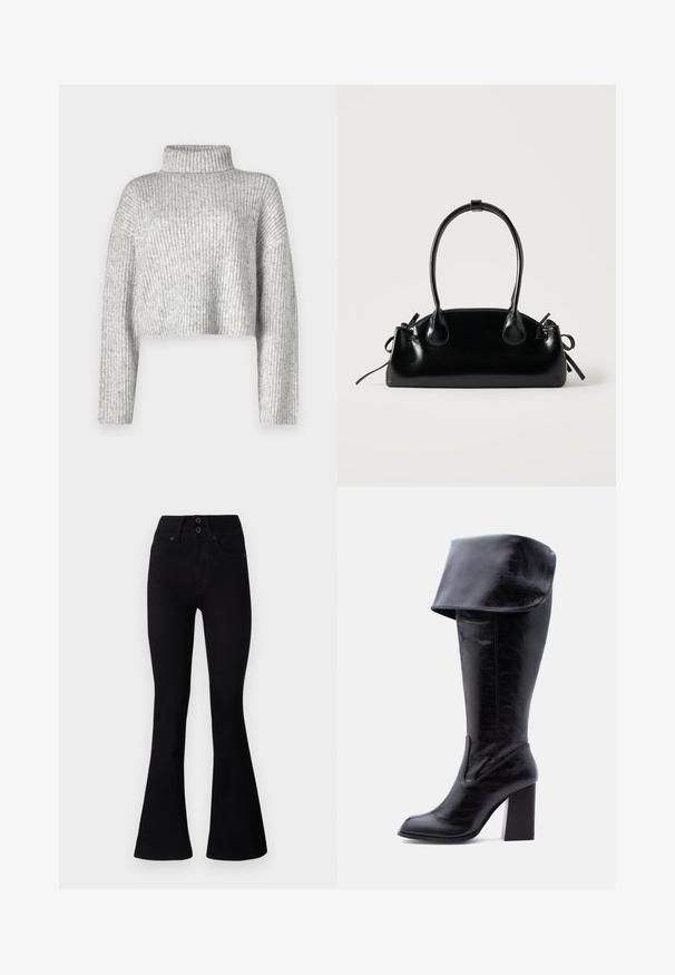 Pull gris court en tissu côtelé, doté d'un col haut et de manches longues, avec une texture douce et une légère variation de couleur.; Pepe Jeans FLARE CONTOUR - Jean flare - black denim; Botte haute en cuir noir avec talon, bord plié et bout arrondi, debout sur un fond blanc.; Petit sac à main noir brillant avec deux longues anses et des détails à cordon sur les côtés sur un fond clair uni.