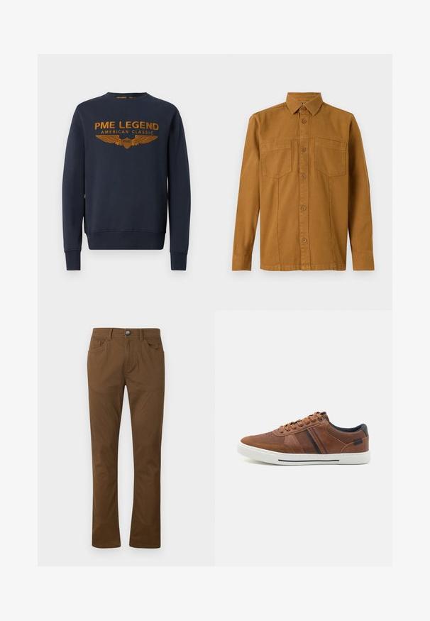 Marineblaue Sweatshirt aus Baumwolle, mit goldenem bedrucktem Logo mit Flügeln. Rundhalsausschnitt, lange Ärmel, gerippte Bündchen und Saum.; TOM TAILOR Hemd - deep cognac; Braune gerade geschnittene Hose mit vorderem Knopf- und Reißverschluss, vorderen und hinteren Taschen sowie Gürtelschlaufen.; Braune Leder-Sneaker mit glatter Textur, weißer Gummisohle, schwarzen Akzenten und dekorativen Nähten sowie seitlichen Streifen.