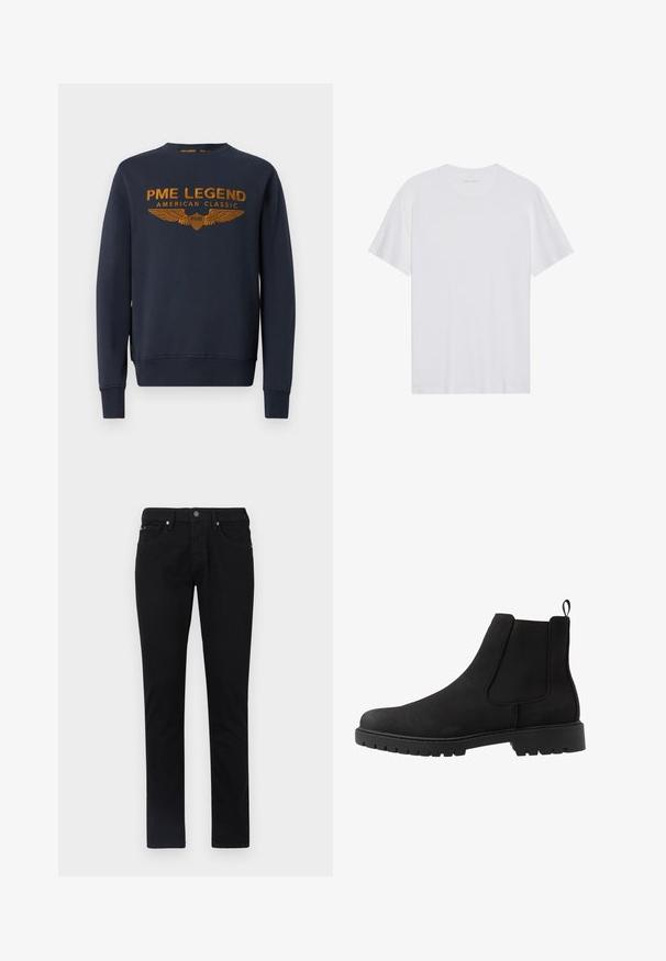 Mørkeblå sweatshirt lavet af bomuld, med et gyldent trykt logo med vinger. Rund hals, lange ærmer, ribbede manchetter og kant.; Hvid bomulds T-shirt med korte ærmer, rund hals og en glat tekstur. Har minimal branding på halsudskæringen.; Sorte denim bukser, lige ben-design, med femlommes styling, en frontknaplukning, og en glat, ensartet tekstur.; Pier One UNISEX - Støvletter - black