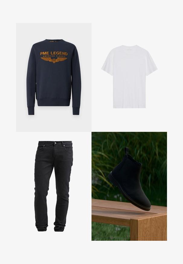 Mørkeblå sweatshirt lavet af bomuld, med et gyldent trykt logo med vinger. Rund hals, lange ærmer, ribbede manchetter og kant.; Hvid bomulds T-shirt med korte ærmer, rund hals og en glat tekstur. Har minimal branding på halsudskæringen.; Sorte slim-fit jeans med knap- og lynlås-lukning, fem lommer og elastiske manchetter ved anklerne.; Sort Chelsea-støvle lavet af glat læder, med en trækflig, rund tå, elastiske sidepaneler og en lav hæl. Viset på en træoverflade.