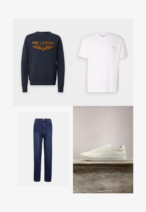 Marineblaue Sweatshirt aus Baumwolle, mit goldenem bedrucktem Logo mit Flügeln. Rundhalsausschnitt, lange Ärmel, gerippte Bündchen und Saum.; Weißes kurzärmliges T-Shirt aus Baumwolle mit Rundhalsausschnitt und einem kleinen grauen Logo auf der Brust. Glatte Textur, klassischer Schnitt.; Dunkelblaue Denim-Jeans mit geradem Bein, fünf Taschen, Knopfverschluss und dezenten horizontalen Nähdetails.; Weiße Schnürsneaker, die über einer Holzbank mit grünem Laub im Hintergrund schweben und das Schuhdesign sowie die Textur zeigen.