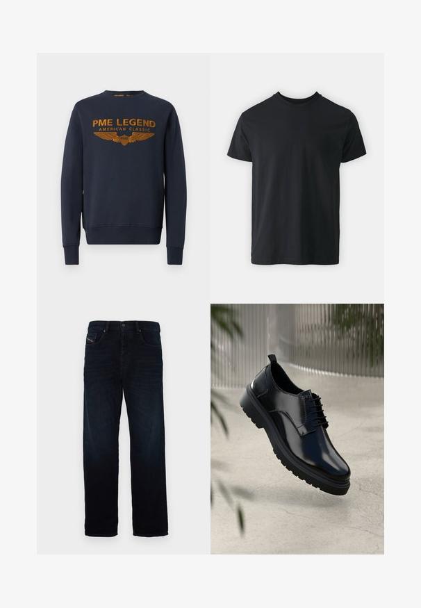 Mørkeblå sweatshirt lavet af bomuld, med et gyldent trykt logo med vinger. Rund hals, lange ærmer, ribbede manchetter og kant.; Sort bomulds t-shirt med kortærmer, rund halsudskæring og en afslappet pasform. Glat tekstur og lige kant, ingen synlige grafikker eller mønstre.; Mørkeblå denim jeans med lige ben-design, der har en frontlomme og en knaplukning. Stoffet har en glat tekstur og en subtil glans.; Sorte lædersko med en blank overflade, rund tå, snøredesign, kontrastsyninger og en tyk gummisål med mønster.