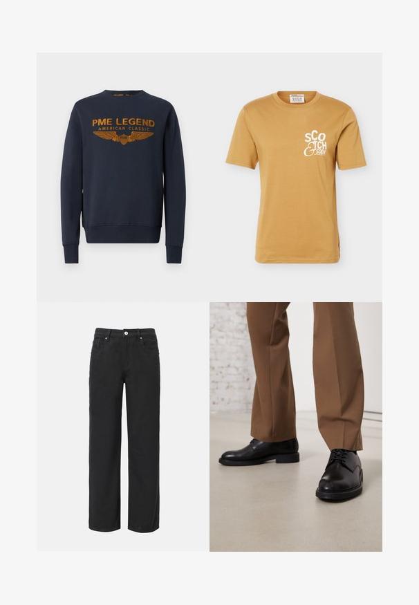 Marineblaue Sweatshirt aus Baumwolle, mit goldenem bedrucktem Logo mit Flügeln. Rundhalsausschnitt, lange Ärmel, gerippte Bündchen und Saum.; Senfgelbes T-Shirt mit kurzen Ärmeln und weißem "Scotch & Soda"-Schriftzug auf der linken Brust sowie einem runden Halsausschnitt.; Schwarze weit geschnittene Baumwollhosen mit vier Taschen, Frontknopfverschluss und klassischem Jeansdesign. Glatte Textur, ohne sichtbare Muster.; Schwarze Lederschuhe mit glatter Oberfläche und runder Zehenpartie, mit Schnürverschluss und einer flachen, niedrigen Sohle. Kombiniert mit braunen Hosen.