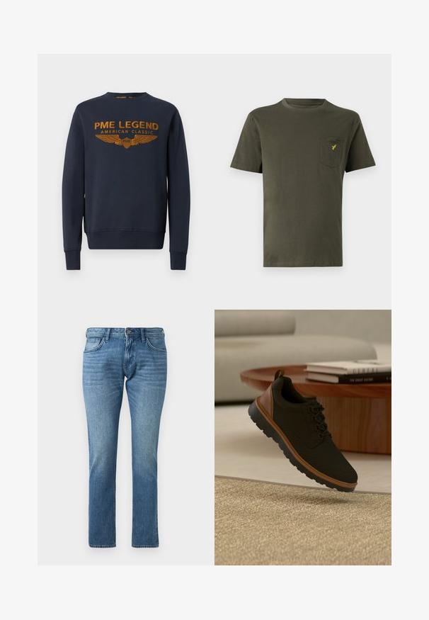Marineblaue Sweatshirt aus Baumwolle, mit goldenem bedrucktem Logo mit Flügeln. Rundhalsausschnitt, lange Ärmel, gerippte Bündchen und Saum.; Olivegrünes Baumwoll-T-Shirt mit Rundhalsausschnitt, kurzen Ärmeln und einer linken Brusttasche, die mit einem kleinen gelben Logo versehen ist. Glatte Textur.; TOM TAILOR DENIM TTPIERS SLIM FIT - Jeans Slim Fit - used mid stone blue denim; Schwarzer und brauner Freizeitsneaker mit strukturierter Sohle, schwebt über einem beigen Teppich in einem Wohnzimmer mit einem hölzernen Couchtisch und gestapelten Büchern.