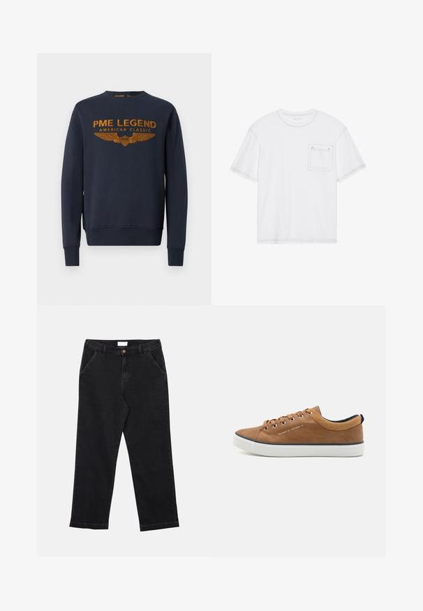 Mørkeblå sweatshirt lavet af bomuld, med et gyldent trykt logo med vinger. Rund hals, lange ærmer, ribbede manchetter og kant.; Hvid bomulds T-shirt med korte ærmer, rund hals og brystlomme. Har kontrasterende syninger langs kanterne.; Sorte denimbukser med lige skæring, der har knaplukning, fire lommer og en tekstureret stof. Simpelt og alsidigt design.; Brune lædersneakers med rund tå, hvid sål og marineblå accenter. Har metaløjer og en tekstureret krave.
