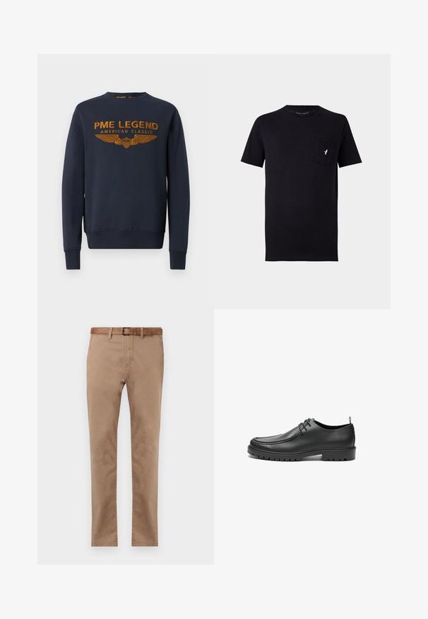 Mørkeblå sweatshirt lavet af bomuld, med et gyldent trykt logo med vinger. Rund hals, lange ærmer, ribbede manchetter og kant.; Sort bomulds t-shirt med kortærmer, rund hals og en forlommer med et lille hvidt fuglelogo. Blød tekstur og enkelt design.; Beige bomulds chinos med lige pasform, der har et brunt læderbælte, to forlommer og en glat tekstur.; Sorte lædersko med en glat overflade, rund tå og dekorativ stikning. Har en gummisål med skridsikre spor og snørebåndsdesign.