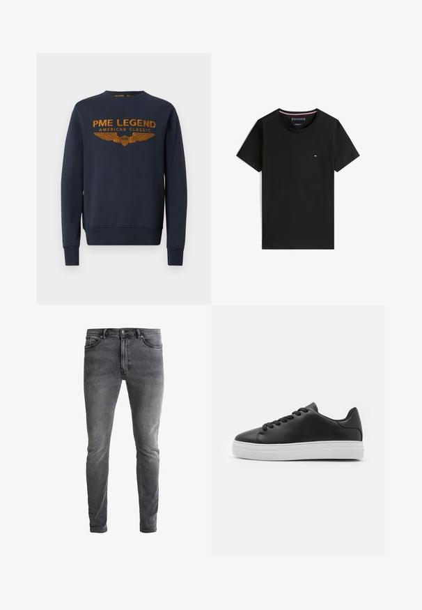 Marineblaue Sweatshirt aus Baumwolle, mit goldenem bedrucktem Logo mit Flügeln. Rundhalsausschnitt, lange Ärmel, gerippte Bündchen und Saum.; Schwarzes Baumwoll-T-Shirt mit Rundhalsausschnitt. Auf der linken Brust befindet sich ein kleines Logo in Rot, Weiß und Blau. Kurzärmlig, lässige Passform.; Slim-Fit graue Jeans aus Denim mit leichtem Stretch. Mit fünf Taschen, einem Reißverschluss und einem kontrastierenden Metallknopf. Ausgewaschene Textur.; Schwarze Leder-Sneaker mit runder Zehe, weißer Gummisohle und schwarzen Schnürsenkeln. Verfügt über eine glatte Oberfläche und ein minimalistisches Design.