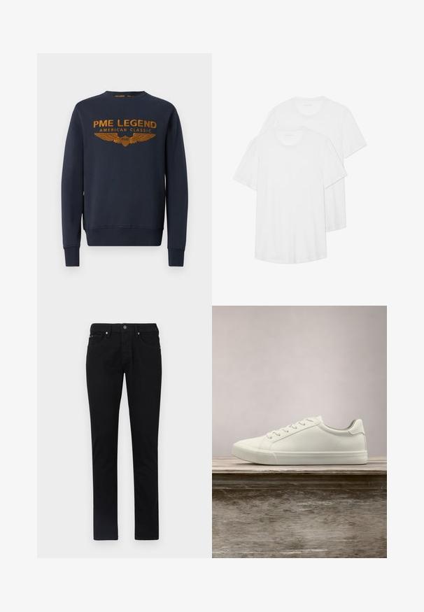 Mørkeblå sweatshirt lavet af bomuld, med et gyldent trykt logo med vinger. Rund hals, lange ærmer, ribbede manchetter og kant.; To hvide kortærmede T-shirts lavet af bomuld, med en rund hals, blødt materiale og et simpelt, udekoreret design.; Sorte denim bukser, lige ben-design, med femlommes styling, en frontknaplukning, og en glat, ensartet tekstur.; Hvide snørresneakers svævende over en træbænk med grønne planter i baggrunden, der fremhæver skodesign og tekstur.
