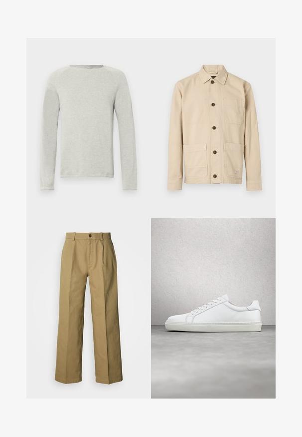 Chemise à manches longues gris clair avec un col rond, tissu texturé, et manches raglan. Design simple, sans logos ni motifs visibles.; Veste de travail beige clair, tissu en coton, devant boutonné, col pointu, deux poches poitrine, deux poches basses, boutons marron, détails cousus.; Pantalon large beige en coton, avec une fermeture à boutons, trois plis et des ourlets droits pour une coupe décontractée.; Sneaker blanche avec une tige en cuir lisse et un profil bas. Présente un bout arrondi, six œillets et une semelle en caoutchouc texturé.
