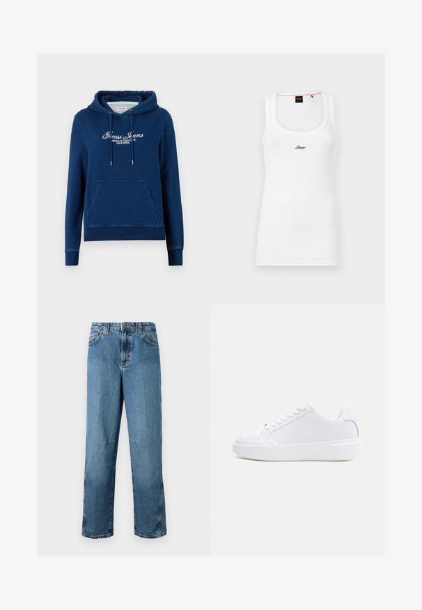 Tumesinine kapuutsiga pusa eesmine kängurutasku, paelaga kapuuts ja valge tekst "Guess Jeans American Tradition California" rinnal.; Valge puuvillane tank top rõhutatult ribatud tekstuuriga, ümarate kaelustega ning esiküljel väike must tikandiga logo.; Heledad sinine denim põlvpüksid sirge lõikega, millel on tikitud taskud, ees oleva nööbi sulgemine ja minimaalne kulumine kangal.; Valge madala säärega tenniskingad, millel on nööritav kinnitus, paks tald ja sile pealispind, nähtud välisküljelt heledal ühtlasel taustal.