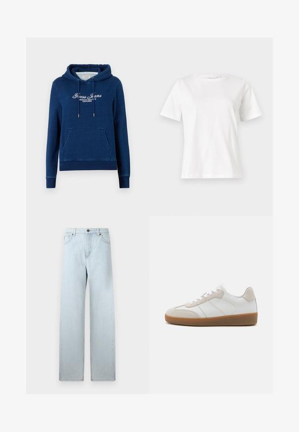 Marineblauwe hoodie met frontale kangoeroezak, capuchon met trekkoord en witte tekst "Guess Jeans American Tradition California" op de borst.; Witte katoenen t-shirt met korte mouwen, ronde halslijn en een ontspannen pasvorm. Gladde textuur, geen patronen of accenten, minimalistisch ontwerp.; Lichtblauwe wijde spijkerbroek met hoge taille, voorzakken en knoopsluiting. Britse denimtextuur, minimale vervaging, rechte pijpdesign.; Witte leren sneakers met beige suède accenten, een gestructureerde tong en een rubberen zool. Voorzien van witte veters en subtiele gestikte details.