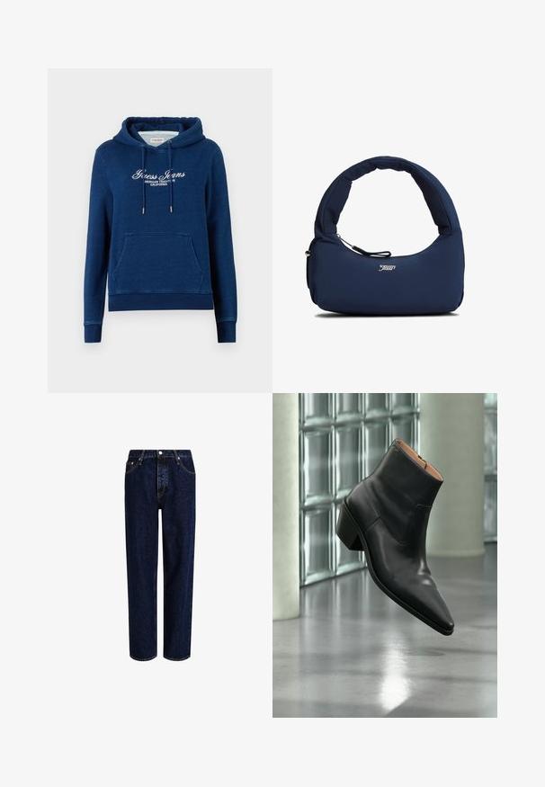 Navyblå hættetrøje med forreste kængurulomme, snøre i hætten og hvid tekst "Guess Jeans American Tradition California" på brystet.; Mørkeblå denim jeans med lige ben-design, der har høj talje, fem-lomme-stil og kontrastsyninger. Ingen dekorationer.; Sort læderankelstøvle med spids tå og blokhæl, der svæver over en reflekterende grå gulv nær en væg af glasblokke.; Mørkeblå polstret skuldertaske med buet håndtag og en lynlåslomme foran, med hvidt "tommy jeans" logo på midten foran.