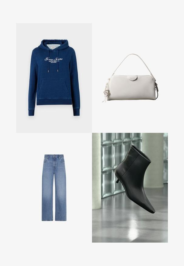 Navyblå hættetrøje med forreste kængurulomme, snøre i hætten og hvid tekst "Guess Jeans American Tradition California" på brystet.; Blå cowboybukser med høj talje og vide ben, forlommer, bæltestropper og knaplukning.; Sort læderankelstøvle med spids tå og lav kitten-hæ, vist vinklet mod en poleret gulv- og glasblokvæg.; Hvid rektangulær Calvin Klein håndtaske med enkelt håndtag, minimalistisk design og dekorative kvaster med geometrisk metalvedhæng på siden.