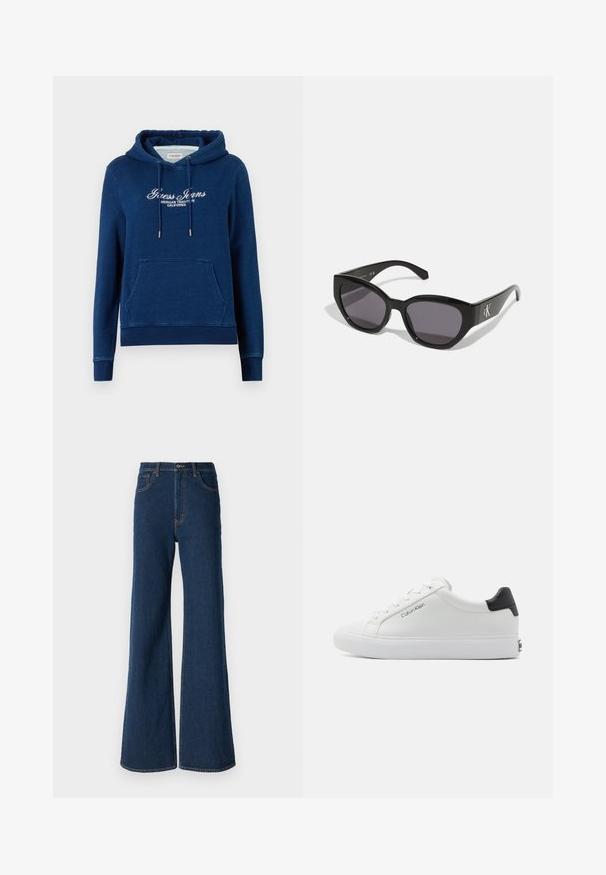 Tumesinine kapuutsiga pusa eesmine kängurutasku, paelaga kapuuts ja valge tekst "Guess Jeans American Tradition California" rinnal.; Abercrombie & Fitch Avar lõikega teksad - rinse; Calvin Klein LACE UP - Tossud - white/black; Mustad mustrayad, millel on sujuv, nurkne disain, tumedad läätsed ja kontrasteeriv hõbedane logo külgedel. Siledast plastikust tekstuur.