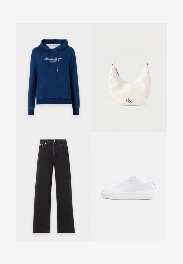 Navyblå hættetrøje med forreste kængurulomme, snøre i hætten og hvid tekst "Guess Jeans American Tradition California" på brystet.; Sorte vidde jeans lavet af denim, med høj talje, fem-lomme stil og en metalknap lukning med kontrasterende syninger.; Hvid lavtop-sneaker med snørelukning, tyk sål og glat overdel, vist fra ydersiden mod en ensartet lys baggrund.; Lille hvid halvmåneformet håndtaske med kort rem, lynlås og sort "cK"-logo foran.