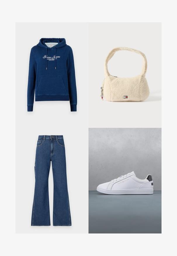 Laivastonsininen huppari, jossa edessä kengurun tasku, kiristysnyörit hupussa ja valkoinen teksti "Guess Jeans American Tradition California" rinnassa.; Siniset leveälahkeiset farkut, joissa on nappisuljenta, kaksi etutaskua ja yksi sivutasku. Kangas on sileä ja siinä on näkyvät saumat.; Valkoinen nahkainen lenkkari, jossa pyöreä kärki, viiden reiän nauhakiinnitys ja tummansininen korostus kantapäässä. Varustettu kuvioidulla kumipohjalla ja logodetaljilla.; Kermanvärinen käsilaukku, valmistettu pehmeästä, teksturoidusta materiaalista, jossa on kaareva hihna, pyöreä muoto, vetoketjukiinnitys ja brändätty logokoriste.