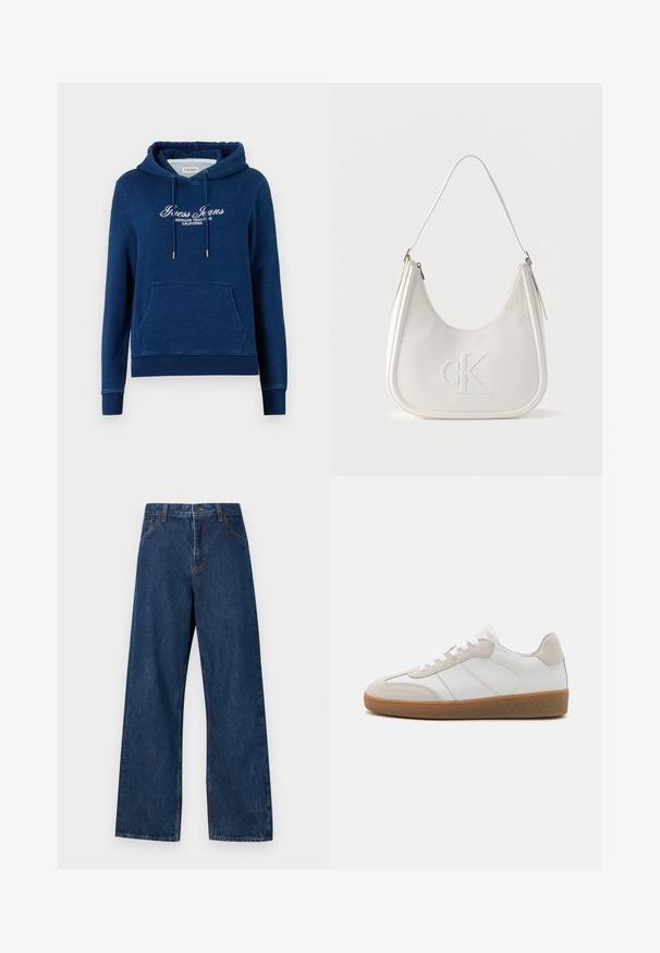 Laivastonsininen huppari, jossa edessä kengurun tasku, kiristysnyörit hupussa ja valkoinen teksti "Guess Jeans American Tradition California" rinnassa.; Tummansiniset leveälahkeiset farkut, jotka on valmistettu denimmateriaalista ja joissa on klassinen viiden taskun muotoilu. Ominaisuuksiin kuuluvat kontrastivärinen tikkaus ja etunappikiinnitys.; Valkoiset nahkakengät, joissa on beige mokkanahkakorostukset, teksturoitu kieli ja kumipohja. Varustettu valkoisilla nauhoilla ja hillityillä ompeluympäröillä.; Valkoinen nahkainen olkalaukku vetoketjulla, kaareva muoto ja etupuolelle kohokuvioitu korotettu CK-logo.