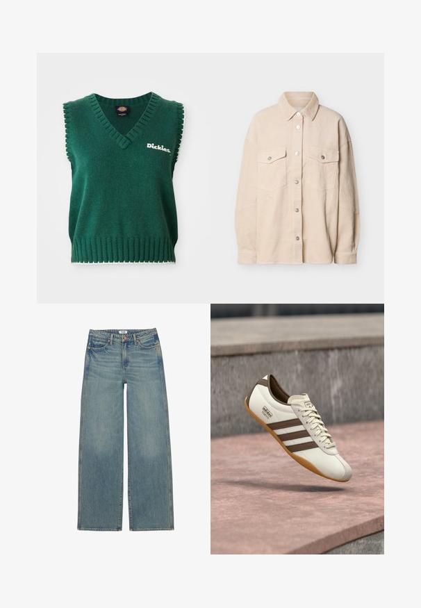Roheline ilma varrukat kudumivest V-kaelusega, soonikkoes servad, valge äär ja "Dickies" logo rinnal.; Beežist sametist nööbitav särk kahe läpaga rinnatasku ja pikkade varrukatega, esitatud valgel taustal.; Heledast sinised kõrge vöökohaga laiade säärega teksad esitamne taskute, vööaasade, nööpidega kinnituse ja peente tuhmistamise detailidega.; Valge toss, millel on pruunid aktsendid ja kolm triipu, esiküljel on seemisnahast varbakork, kreemjad paelad ja kummist tald. Brändi logo on nähtaval.