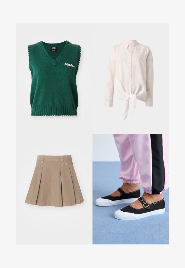 Zelená bezrukávová pletená vesta s výstrihom do V, ribovanými okrajmi, bielym lemovaním a logom "Dickies" na hrudi.; Světle růžová košile s dlouhým rukávem, límečkem a zavázaným předním lemem. Na levé straně se nachází malá kapsa. Pozadí je čistě bílé.; Béžová plisovaná sukňa vyrobená z texturovanej tkaniny. Má pás s pútkami na opasok a logo nášivku na prednej ľavej strane.; Čierne plátenné topánky s bielou podrážkou, s výrezovým dizajnom a zlatým prackovým remienkom. Nosené s ružovými teplákmi.