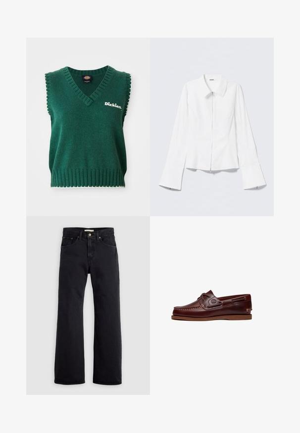 Groen mouwloos gebreid vest met V-hals, geribbelde randen, witte afwerking en "Dickies" logo op de borst.; Wit lang mouwen shirt met een kraag en een rits aan de voorkant. Heeft uitlopende manchetten en een gladde, katoenmengseltextuur.; Zwarte high-waist straight-leg jeans met vooraan knoop- en ritssluiting en een ontwerp met vijf zakken, tegen een effen lichte achtergrond.; Bruine leren boot schoen met veters, stiksel details en Timberland-logo aan de zijkant, weergegeven op een witte achtergrond.