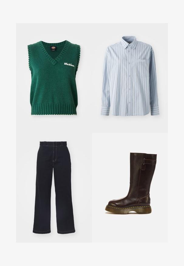 Zelená bezrukávová pletená vesta s výstrihom do V, ribovanými okrajmi, bielym lemovaním a logom "Dickies" na hrudi.; Svetlomodrá košeľa s dlhým rukávom na gombíky s bielymi a tmavými vertikálnymi pruhmi a prednou náprsné vrecko s bielym vyšívaným textom.; Tmavo modré nohavice s širokými nohavicami z bavlny s vysokým pásom, s kontrastným bielym prešívaním a čista, jednoduchá dizajnom.; Vysoká tmavohnedá kožená čižma s hrubou žlto prešitou podrážkou a prackou s kovovou prackou pri vrchu.
