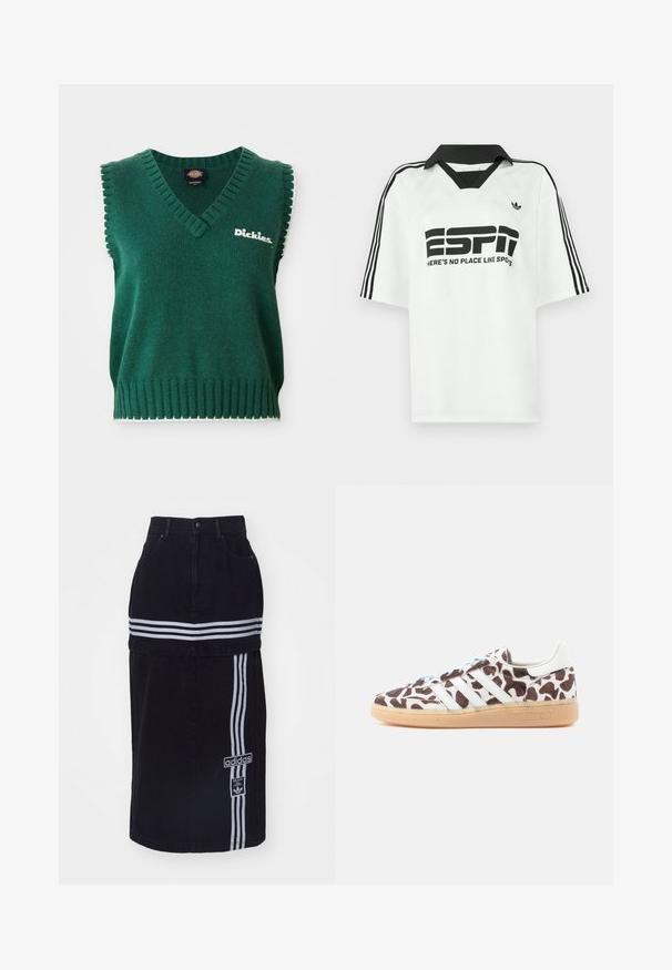 Groen mouwloos gebreid vest met V-hals, geribbelde randen, witte afwerking en "Dickies" logo op de borst.; Witte korte mouwen blouse met een zwarte kraag, drie zwarte strepen op de mouwen en een gedurfde zwarte tekst met de woorden "ESPN" en "HIER IS NO PLACE LIKE SPOTS."; Zwarte spijkerrok met een hoge taille, voorzien van twee witte horizontale strepen, een Adidas logo tag aan de zijkant en een recht gesneden ontwerp.; Adidas sneakers met een bruin-wit koeienprint. Voorzien van witte strepen, lichtblauwe veters en een gumzool. Textuur bovenmateriaal.