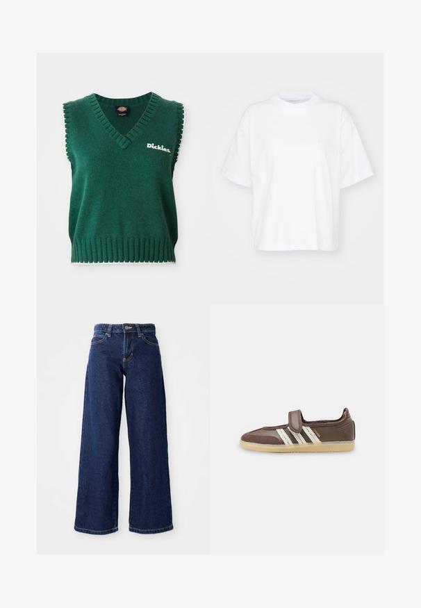 Zelená bezrukávová pletená vesta s výstrihom do V, ribovanými okrajmi, bielym lemovaním a logom "Dickies" na hrudi.; Biela bavlnená tričko s okrúhlym výstrihom, krátkymi rukávmi a voľným strihom. Obsahuje jemné logo na ľavej strane hrude. Hladká textúra.; Tmavomodré široké džínsy vyrobené z denimu, s uzáverom na gombík a zips, pútkami na opasok a klasickým dizajnom s piatimi vreckami.; Hnedá teniska s béžovou gumovou podrážkou, tromi bielymi pásikmi na boku a jedným suchým zipsom na vrchu.