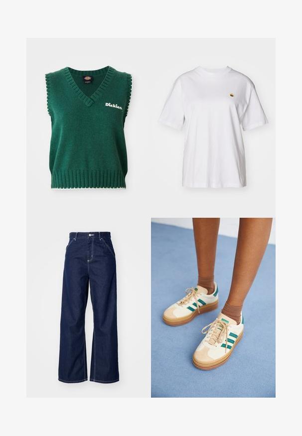 Gilet en tricot sans manches vert avec col en V, bords côtelés, passepoil blanc et logo "Dickies" sur la poitrine.; T-shirt en coton blanc avec une coupe décontractée, des manches courtes et un petit logo brodé sur la poitrine gauche.; Jean large en denim bleu foncé, avec une taille haute, des coutures blanches contrastantes et un design traditionnel à cinq poches.; Baskets beiges avec des rayures vert foncé, semelle en caoutchouc, tige en daim et textile, et accessoires neutres, associées à des chaussettes brunes sur une surface bleu clair.