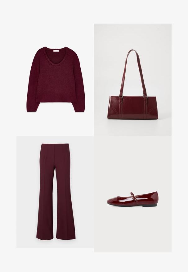 Bordeaux trui met een V-hals, lange mouwen en een ribgebreide halslijn. Zachte textuur en losse pasvorm, met een cropped zoom.; Hoge taille, bordeauxkleurige flared broek met voorplooien en een getailleerde pasvorm, weergegeven op een witte achtergrond.; Glanzende donkerrode lakleren Mary Jane platte schoen met een klein gespenriempje en een zwarte zool, zijaanzicht tegen een witte achtergrond.; Bourgondische handtas van glanzend materiaal, rechthoekige vorm, met twee schouderbanden en subtiele gebogen accenten aan de voorkant.