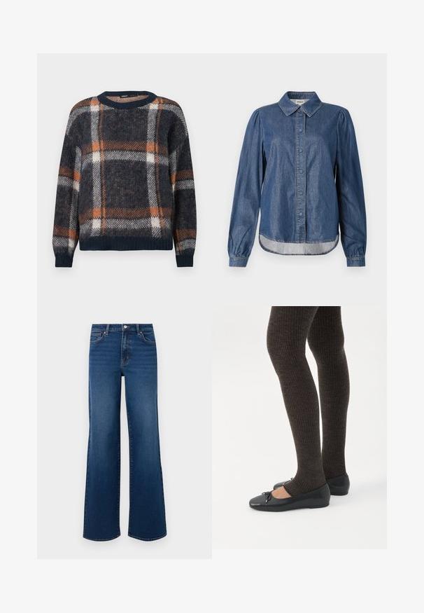 Pull en laine avec une base bleu marine et un motif à carreaux orange et blanc. Col rond, coupe ample, et poignets et ourlet côtelés.; Chemise en denim bleu foncé avec un col, fermée par des boutons à l'avant, manches longues bouffantes et ourlet arrondi, avec des coutures contrastantes.; Jean en denim à jambes larges de couleur bleu foncé avec une finition texturée, comportant une fermeture à bouton, un design à cinq poches et un ourlet droit.; Jambes portant des leggings côtelés foncés associés à des ballerines noires avec de petits détails en nœud sur fond blanc.