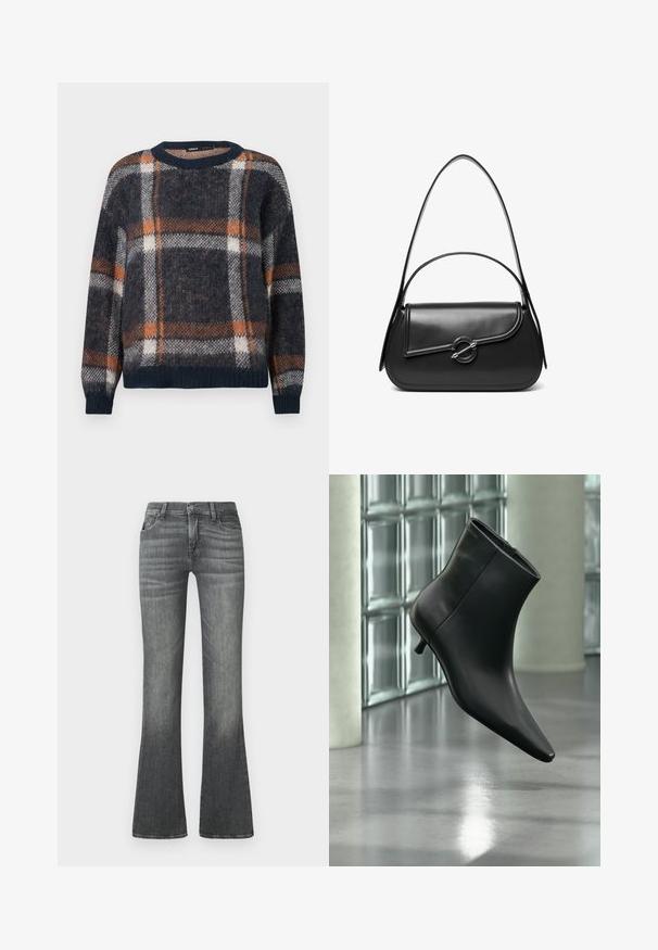 Uldtrøje med en navy blå bundfarve og et ternet mønster i orange og hvid. Rund hals, løs pasform og ribbede manchetter og kant.; Grå flagrende jeans lavet af denim med en mellemhøj talje, subtilt slid og klassisk fem-lommers design.; Sort læderankelstøvle med spids tå og lav kitten-hæ, vist vinklet mod en poleret gulv- og glasblokvæg.; Sort skuldertaske i læder med en buet klap, der er fastgjort med en rund metal spænde, og en slank, justerbar rem.