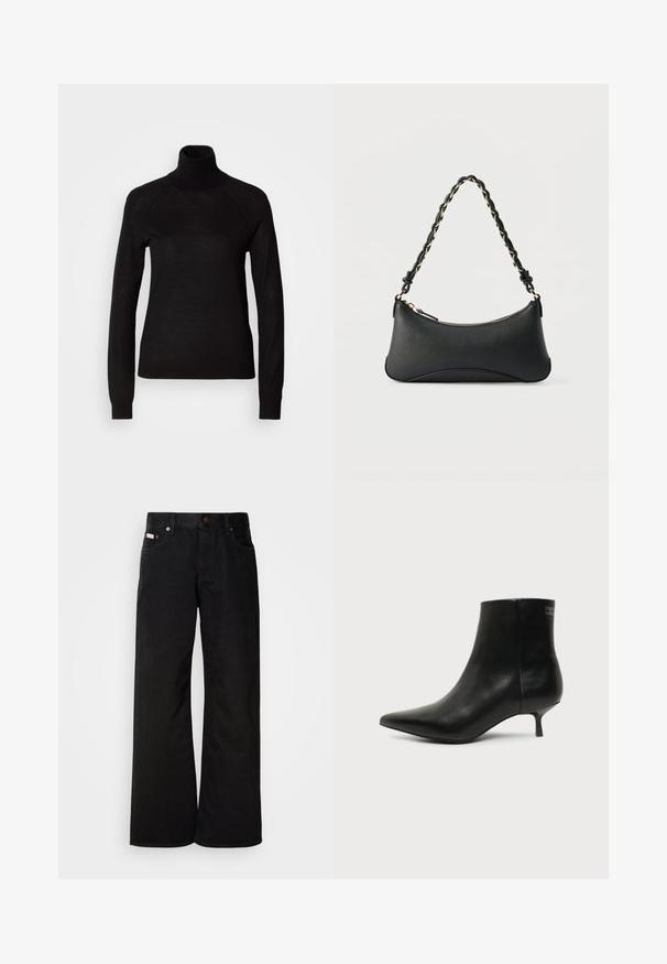 Pull à col roulé noir en tissu tricot léger. Avec des manches longues et une silhouette ajustée dotée de coutures raglan.; Jean large noir en coton. Présente des poches avant, une fermeture à bouton, et une texture denim classique. Design minimaliste sans motifs.; Bottine en cuir noir avec bout pointu et petit talon kitten sur fond clair, vue côté extérieur.; Sac à bandoulière en cuir noir de forme rectangulaire incurvée, avec une chaîne dorée tissée dans la bandoulière noire tressée et une fermeture éclair sur le dessus.