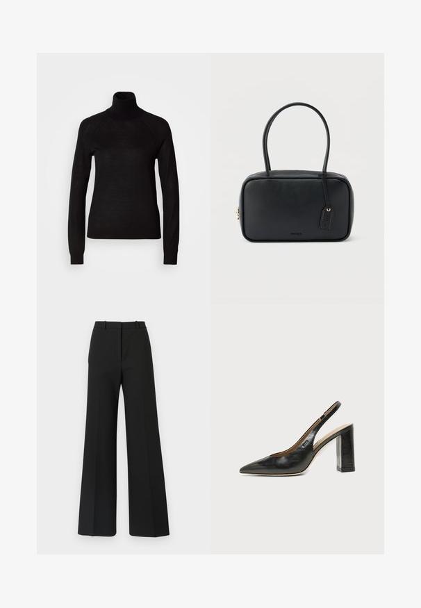 Sort turtleneck sweater lavet af et let strikket stof. Har lange ærmer og en tætsiddende silhuet med raglan-sømme.; Sorte buks med vide ben og skræddersyet design, der har en glat tekstur og subtile plisseringer foran. Ingen synlige detaljer eller mønstre.; Sort læder peep-toe slingback sko med høj blokhæl og beige indvendig foring mod en ensfarvet lys baggrund.; Sort rektangulær håndtaske med dobbelte runde håndtag, gylden lynlås og præget "HUGO"-logo foran med fastgjort lædermærke.