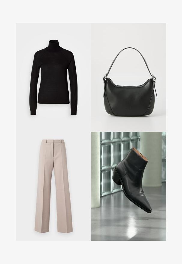 Pull à col roulé noir en tissu tricot léger. Avec des manches longues et une silhouette ajustée dotée de coutures raglan.; Pantalons beige à jambes larges en tissu lisse, avec une taille haute, des plis avant et une silhouette ajustée.; Bottine en cuir noir avec un bout pointu et un talon carré lévitant au-dessus d'un sol gris réfléchissant près d'un mur en blocs de verre.; Sac à main en cuir noir avec une forme arrondie, fermeture éclair argentée et une courte poignée. Présente un logo subtil à l'avant et une texture lisse.