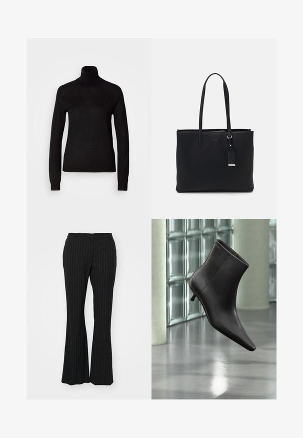 Sort turtleneck sweater lavet af et let strikket stof. Har lange ærmer og en tætsiddende silhuet med raglan-sømme.; Sorte flagrende bukser med stikninger, der har en glat tekstur og en mellemhøj talje, designet med en skræddersyet pasform og en subtil glans.; Sort læderankelstøvle med spids tå og lille hæl vist mod en væg af glasblokke og poleret gulv baggrund.; Sort tote bag lavet af slidstærkt materiale, med to lange håndtag, en lynlåslukning og en lille label med logo detaljer.
