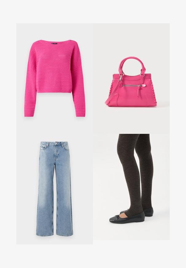 Lyserød cropped sweater med et struktureret strikmønster, bred halsudskæring og lange ærmer. Ribbet nederste kant og manchetter. Fremstillet af et letvægtsmateriale.; Lyseblå vide jeans med en falmet vask, fem lommer, knaplukning og lige kanter. Fremstillet af denim med en glat struktur.; Ben iført mørke ribbede leggings kombineret med sorte balletsko med små sløjfedetaljer på hvid baggrund.; Rosa læderhåndtaske med dobbelte håndtag, dekorativ sidesnøring og en lynlåslomme foran. Glat tekstur, struktureret form.